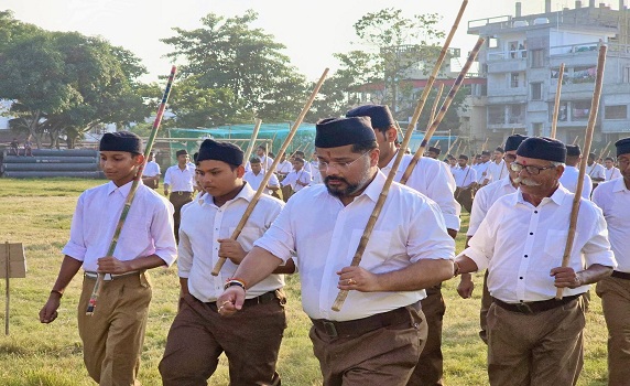 Tripura Minister Sushanta Chowdhury joins RSS’ Path Sanchalan event in Agartala.
